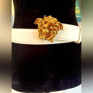Versace White Belt with Gold Medusa Emblem
